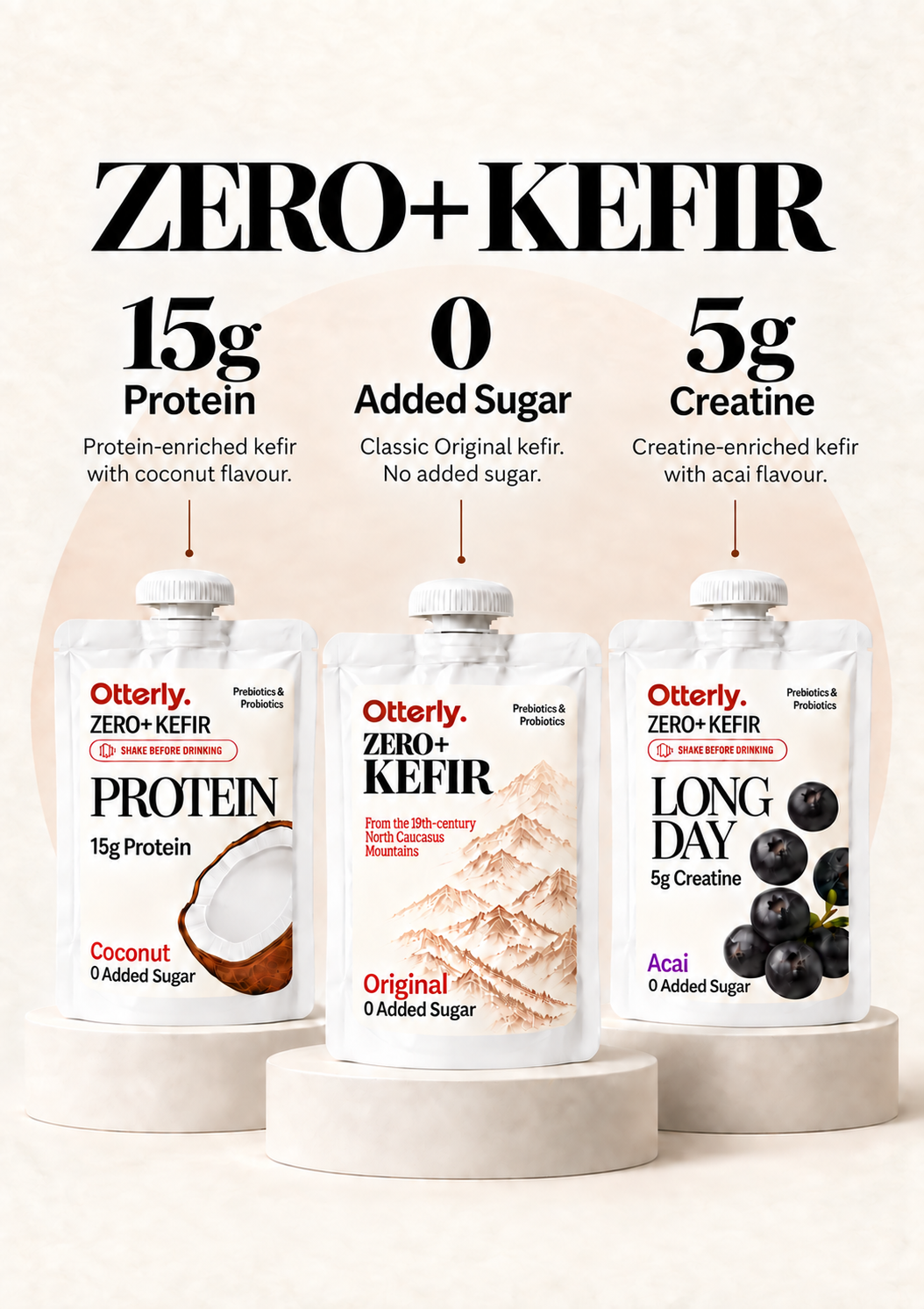 Otterly Zero+ Kefir Original, Protein and Long Day together